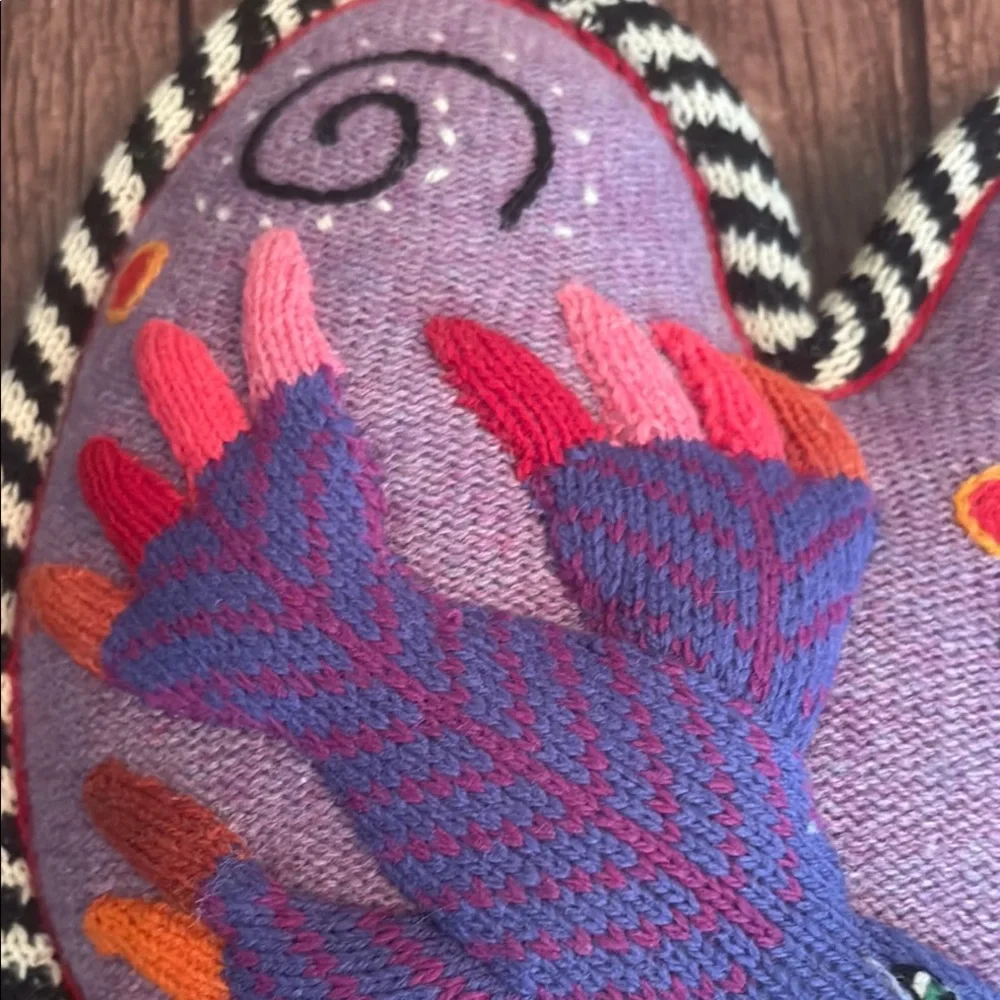 Fiber Art Heart Shaped Pillow with Bird and Embroidery